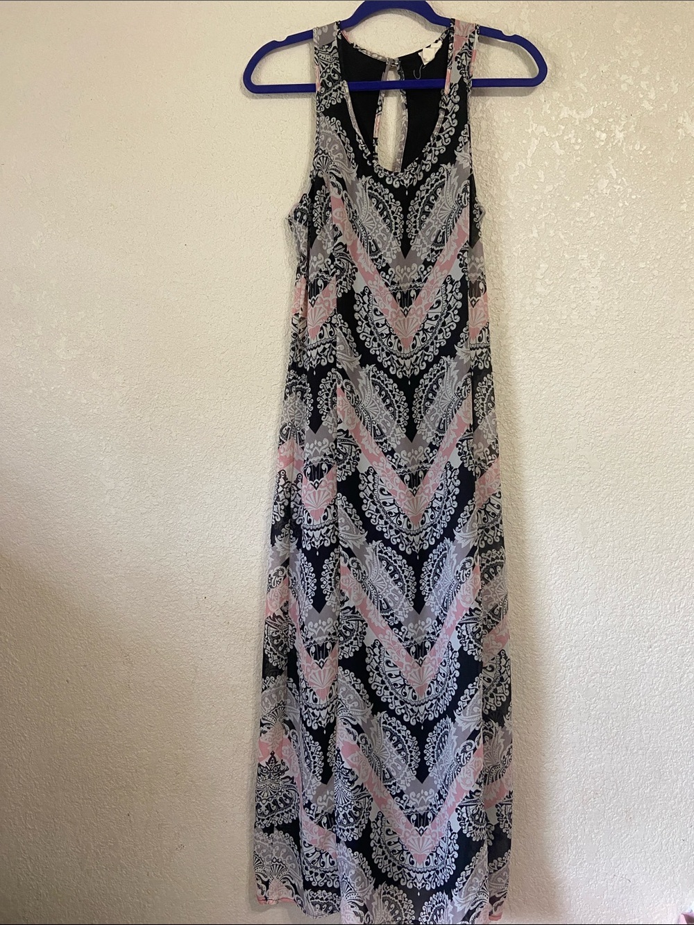 one clothing Black Maxi Dress with Pink and White Chevron Lace Motif